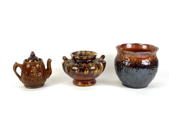 Three Pieces Of Antique Brown Pottery