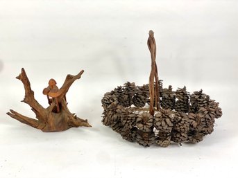 Carved Mushroom On Drift Wood With Pine Cone Gathering Basket
