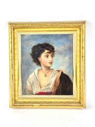 19th C. Oil On Canvas Portrait Of Women With Necklace In Gold Frame