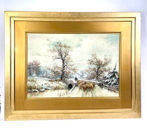Impressive Large 19th C. Watercolor Of Sheepherder In The Winter