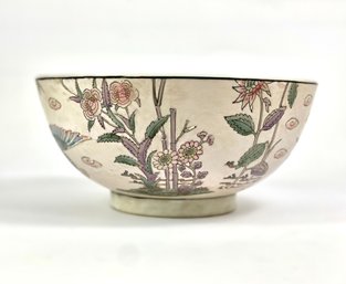 Large Chinoiserie Pale Pink Bowl With Crane And Flowers