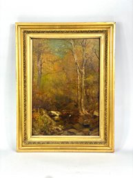Antique Oil On Canvas Of New England  Stream In The Woods.