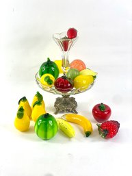 Large Collection Of Hand Blown Glass Fruit In Two Tiered Bowl