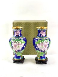 Pair Of Chinese Cloisonn Vases On Stand With Floral Motif