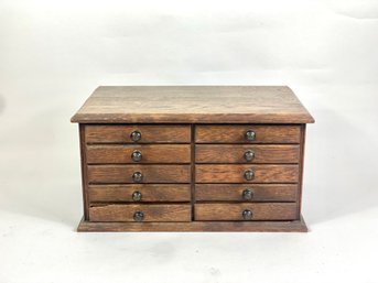 Antique Walnut Apothecary 10 Drawer Cabinet With Curved Wooden Holders In Drawer
