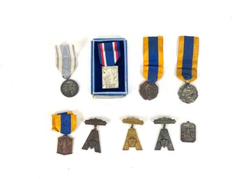 Asortment Of 1930s Triathlon Medals Includes One Sterling Silver Skate Sailing