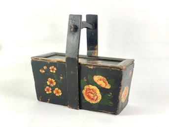 Antique Chinese Wooden Basket With Hand Painted Flowers