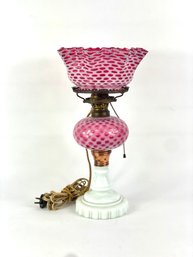 Victorian Hobbs Lamp With Honeycomb Cranberry Glass