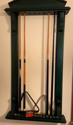 Vintage Cue Rack With Four Cue Sticks