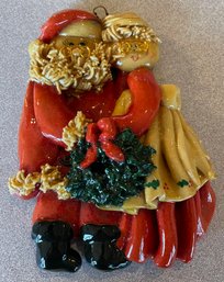 Vintage Sculpture Clay Mr.and Mrs. Santa Clause Ornament/wall Hanging