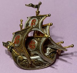 Vintage Ornate Toledoware Gallion Ship Brooch