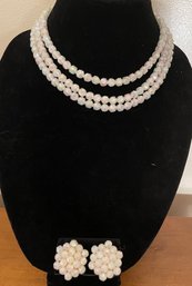 Vintage W.Germany White Beaded Necklace And Clip On Earrings