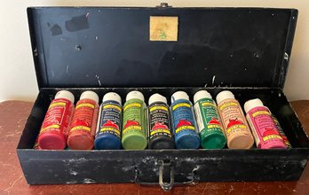 Box Of Assorted Acrylic Paint And Brushes