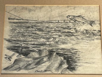 Fishing Charcoal Signed Jim Feeley 78