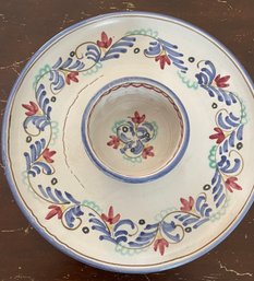 Large Hand Painted Clay Serving Platter With Dipping Dish