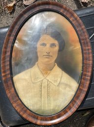 Early Oval Framed Painting Of Woman With Convex Glass