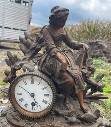 Antique Sculpted Metal Clock Of Women Feeding Chickens