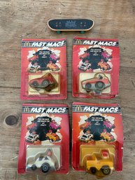 Four Original Fast Mac Cars And A Mini Toy Skateboard