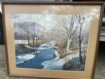 Framed Winter Scene In Spencertown Signed Frederick Voelbel