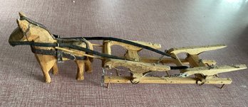 Antique Whittled Wooden Horse And Plow