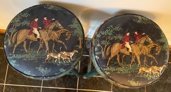 Vintage Pair Of Equestrian Stools With Fox Hunting Designed Covers