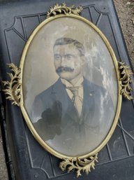 Early Oval Brass Framed B/W Photo Of Gentleman With Mustache In Convex Glass