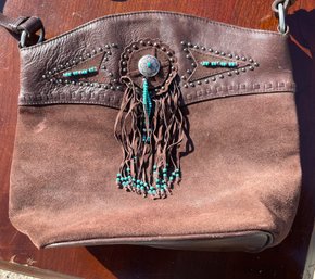 A Scully Leather Brown With Beaded Turquoise Pocketbook