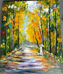 Signed Painting On Canvas Of Girl Walking Through Woods With Dog