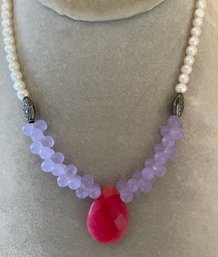 Super Pretty Pink And Purple Stone Necklace With Pearlike Beads