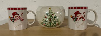 Beautiful Christmas Bowl And 2 Snowmen Mugs