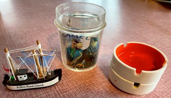 A Mini Wooden Sailboat, A Joe The Camel Cup And Two Ashtrays