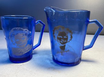 Blue Shirley Temple Glass Pitcher And Glass