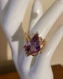 Absolutely Gorgeous Amesthyst 14 Kt Gold Cocktail Ring With Three Small Diamonds