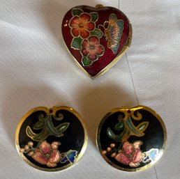 Vintage Cloisonn Clip On Earrings And Locket