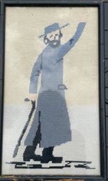 Framed Needlepoint Of Man In Black Hat And Suit