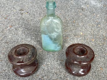 Pair Of Early Insulators And A Little Blue Bottle