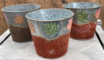 Trio Of Leaf Painted Little Metal Flower Pots
