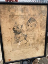 Framed Signed Drawing Of Little Boy & His Dog