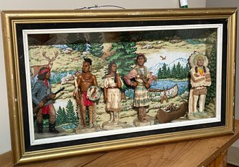 Shadow Box With Scene Of Native American Porcelain Figurines And Handmade Canoe