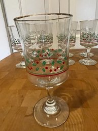 Set Of 9 Holly Berry Stem Wine Holiday Glasses With Gold Trim