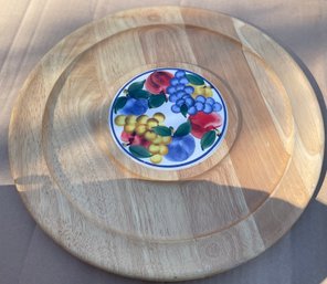 Dansk Wooden Platter With Pretty Ceramic Design