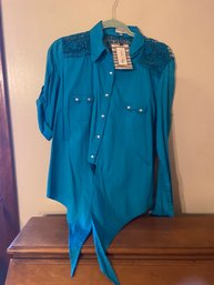 Blue Ladies Front Tie Blouse, Size L