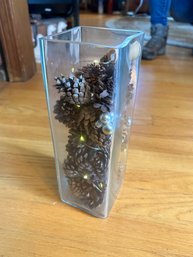 Pretty Tall Square Vase Decorated With Pine Cones