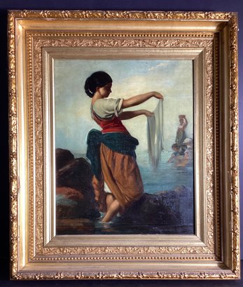 21 X 24 Original Antique  Italian Oil Painting Of Women Washing Her Clothes By The Sea