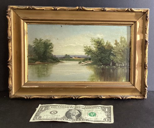 Small Antique American Original Oil Painting On Board In A Gilded Wood Frame