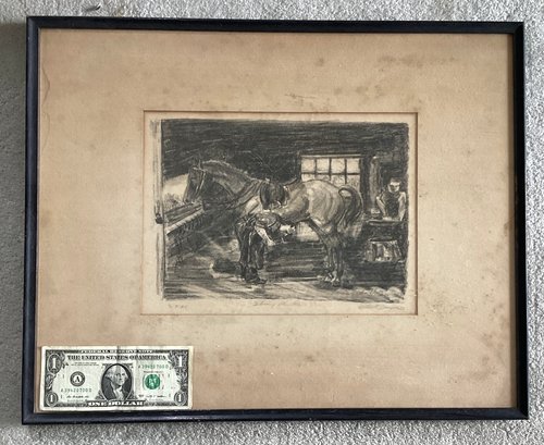 Antique Shoeing Chocolate Signed In Pencil By Artist  Matted And Framed Under Glass