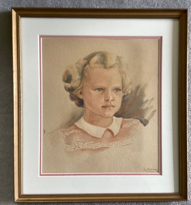 Original Water Painting Of A Girl, Matted And With Gilded Wood Frame