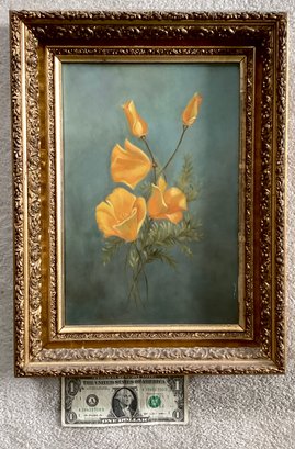 Original Antique Oil Painting Of Five Golden Poppies Framed In Gilded Wood