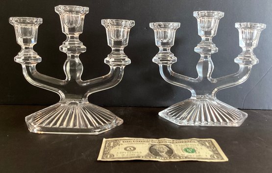 Vintage Pressed Clear Glass Three Branch Candle Holders Circa 1930s