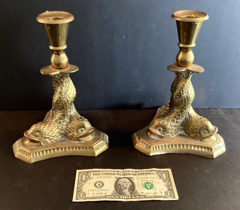 A Pair Of Vintage Entwined Dolphin Brass Candlesticks